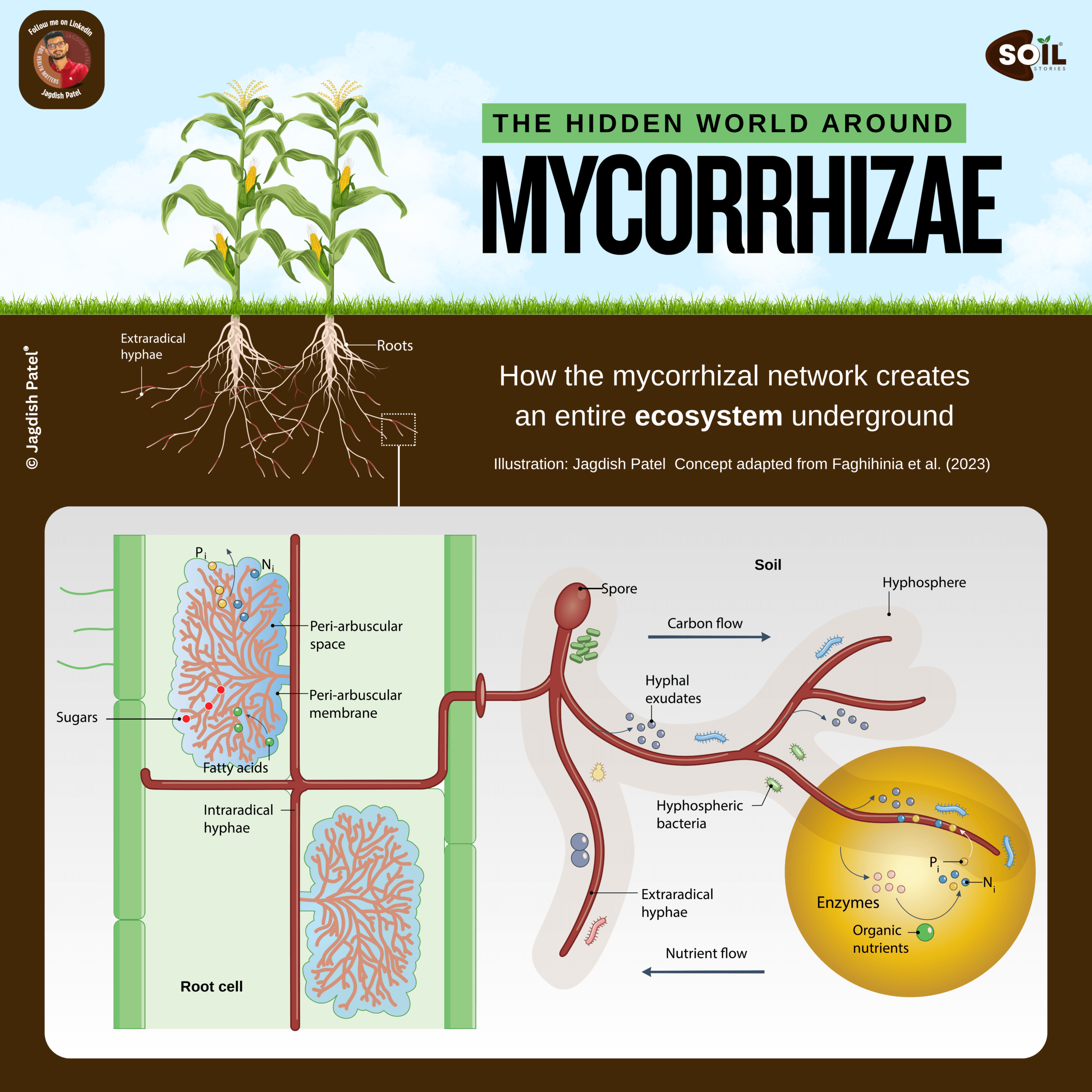 The hidden world around mycorrhizae Mycorrhizal nutrient exchange diagram showing arbuscules, peri-arbuscular membrane, extraradical hyphae and hyphosphere bacteria